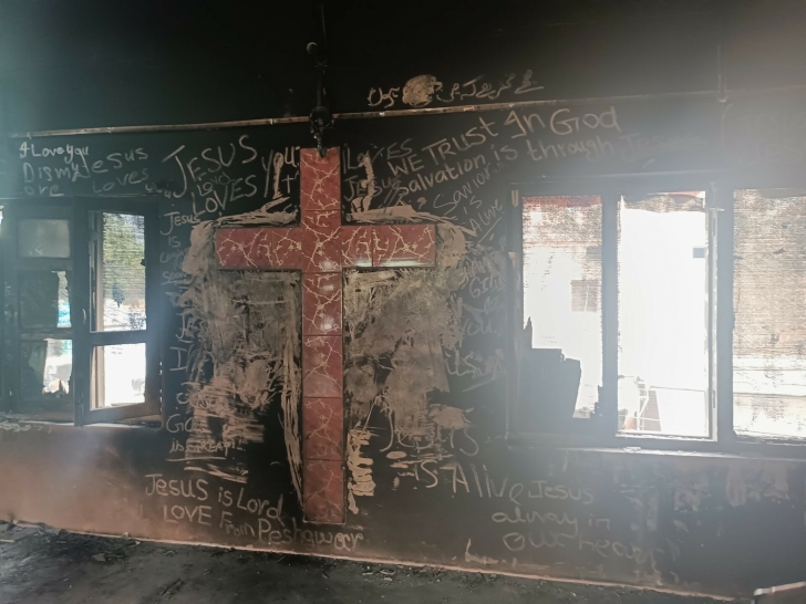 Charred building of Salvation Army church burned on Aug. 16, 2023 in Jaranwala, Pakistan.