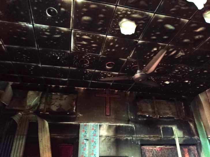 Charred interior of church building burned in Gujar Khan, Rawalpindi District, Pakistan on March 30, 2024.