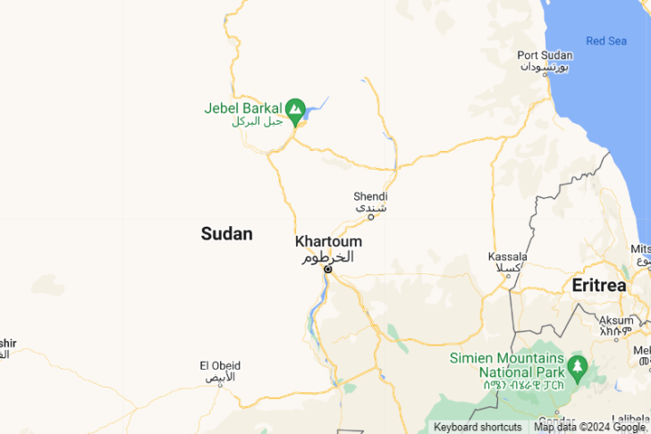 Shendi town in relation to Khartoum, Sudan.