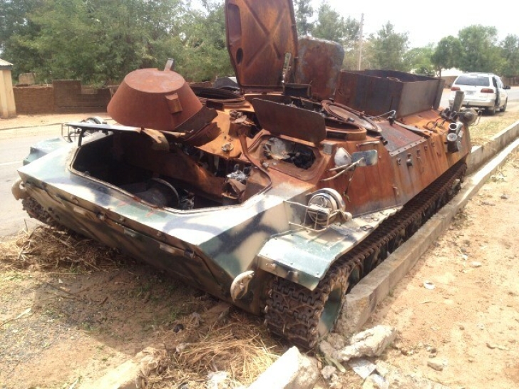Nigerian army tank in Adamawa state, Nigeria captured by Boko Haram and later destroyed in military operations in 2015.