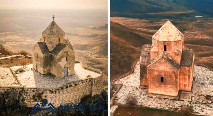 Vankasar Church in Nagorno-Karabakh before (left) and after its cross was removed. The building was also damaged.
