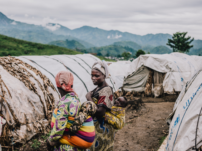 Community members who have fled the advance of M23 rebels speak in Bugari displacement camp April 3, 2024 in Kishinji, Democratic Republic of Congo DRC
