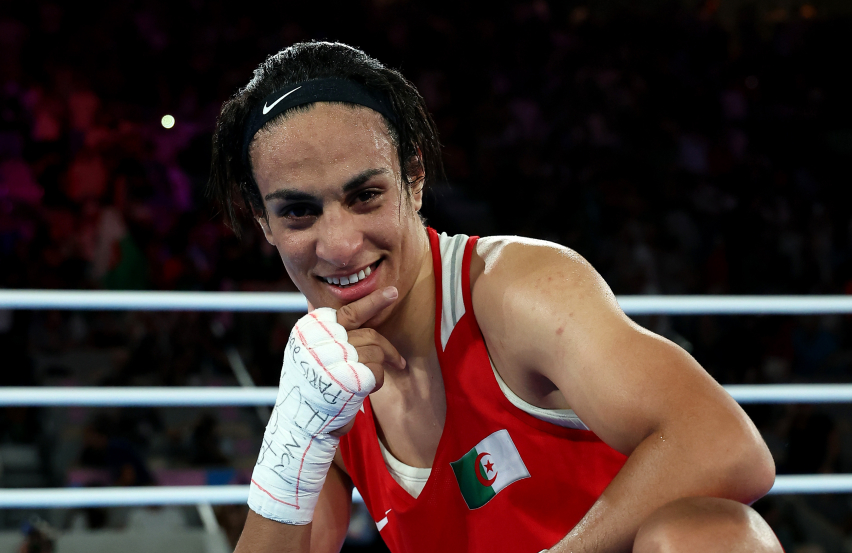Imane Khelif of Team Algeria poses for a photo after winning the gold medal following the Boxing Women's 66kg Final match at the Olympic Games Paris 2024