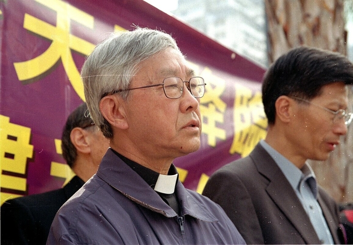Cardinal Joseph Zen Ze-kiun prays before a December 2022 protest against China’s repressive Hong Kong Basic Law Article 23.