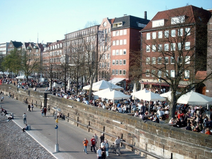 City of Bremen, Germany as seen from Teerhof Bridge.