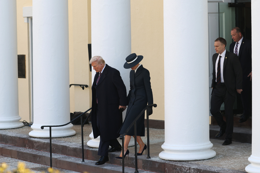 Melania Trump and U.S. President-elect Donald Trump leave after services at St. Johns Church as part of Inauguration ceremonies on January 20, 2025 in Washington, DC.