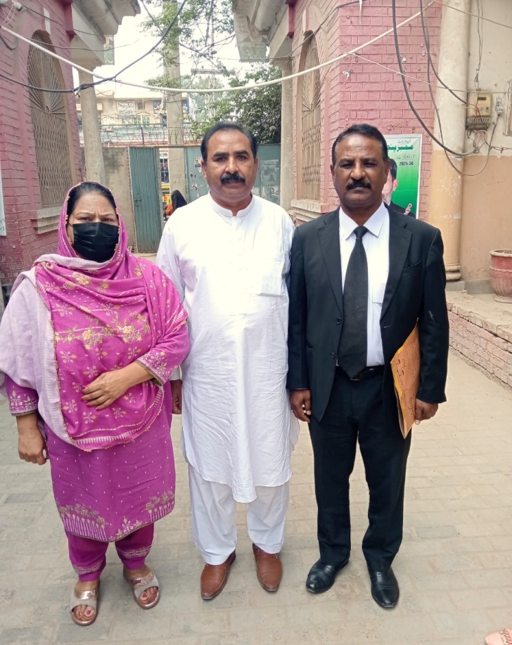 Parents of the slain Farhan Ul Qamar with attorney Lazar Allah Rakha after verdict on March 27, 2025.