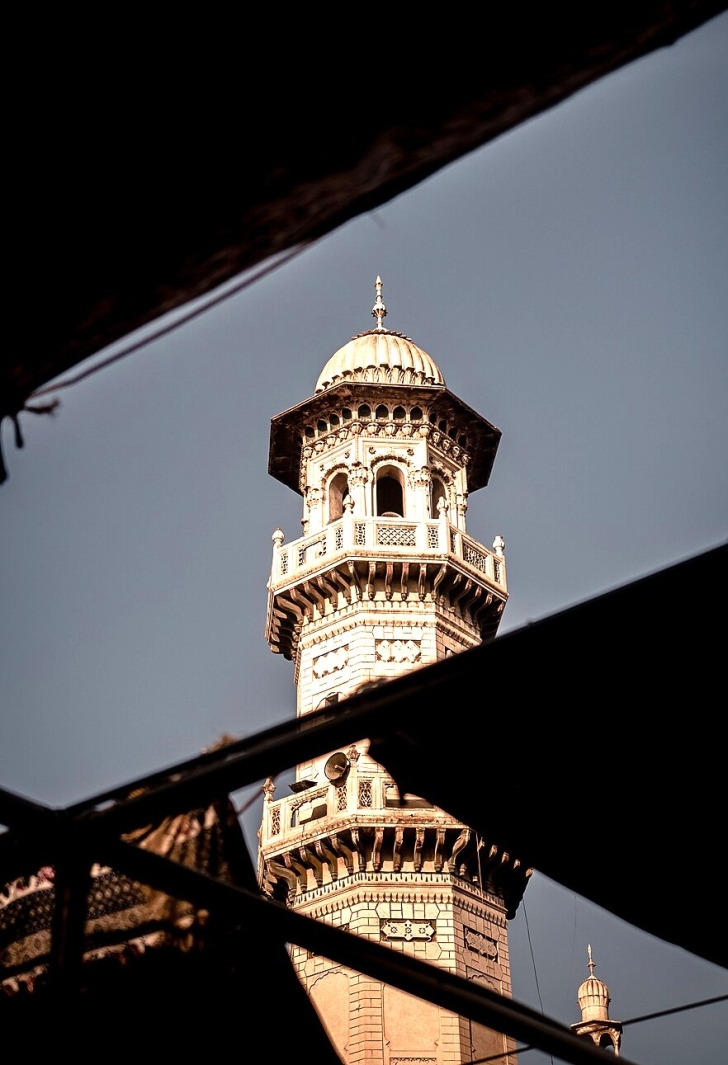 Minaret of Mohabbat Khan Mosque in Peshawar, Pakistan.