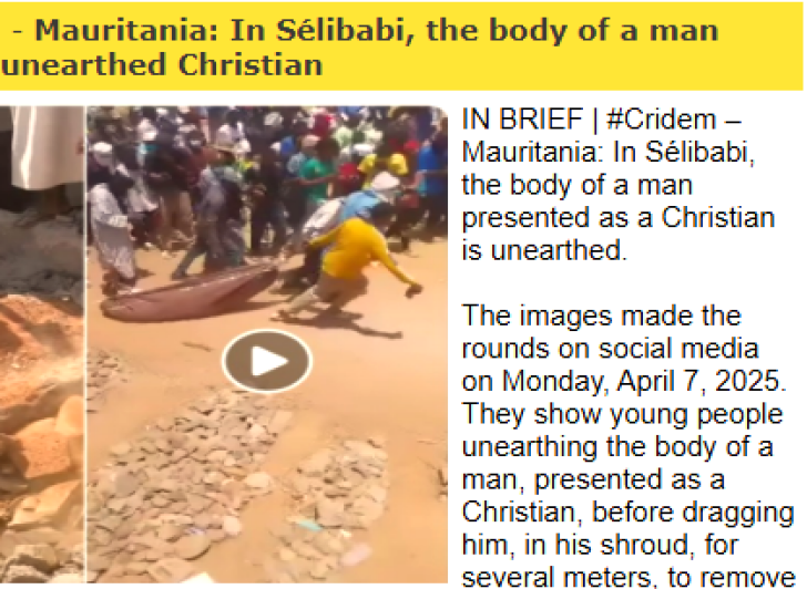 Image of exhumed body of Christian in Mauritania dragged in shroud from gravesite on CRIDEM news portal.