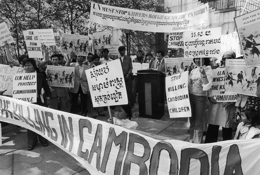 A demonstration outside the UN headquarters in New York City against the genocide in Cambodia perpetrated by the Khmer Rouge