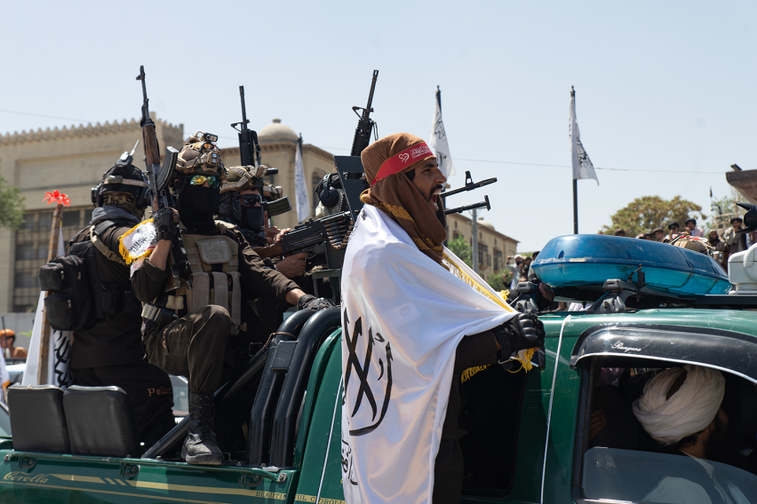 Taliban supporters parade through the streets of Kabul on August 15, 2023 in Kabul, Afghanistan.