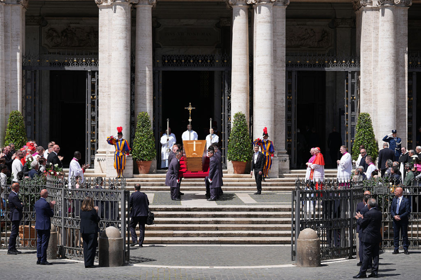 The coffin of Pope Francis is carried by pallbearers into the Basilica of Santa Maria Maggiore