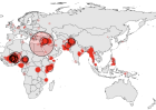 A regional map visualizing hotspots of terrorism according to the 2024 Global Terrorism Index.