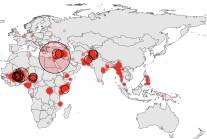 A regional map visualizing hotspots of terrorism according to the 2024 Global Terrorism Index.