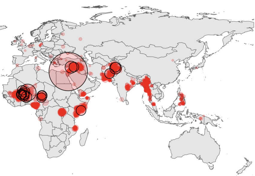 A regional map visualizing hotspots of terrorism according to the 2024 Global Terrorism Index.