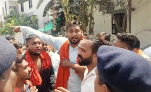 Hindu extremists confront church members in Raipur, India on March 9, 2025.