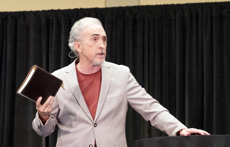 Mark Yarbrough, president of Dallas Theological Seminary, delivers a keynote address on the full narrative of Scripture during the Evangelical Press Association’s annual convention on May 6, 2025, at the Hilton Conference Center in Branson, Missouri