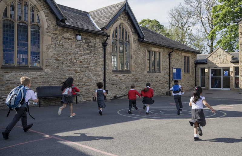 Church of England school, kids, running