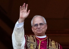 The newly elected Pontiff, Pope Leo XIV is seen for the first time from the Vatican balcony on May 8, 2025 in Vatican City, Vatican.
