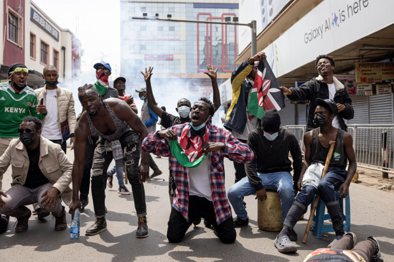 Protesters react during a protest against the government on July 2, 2024 in Nairobi, Kenya