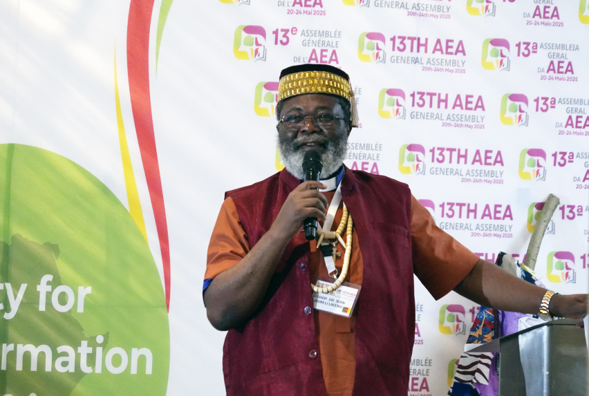 Rev. Dr. Jean Libom Li Likeng addresses delegates after being elected president of the Association of Evangelicals in Africa at the 13th General Assembly in Nairobi