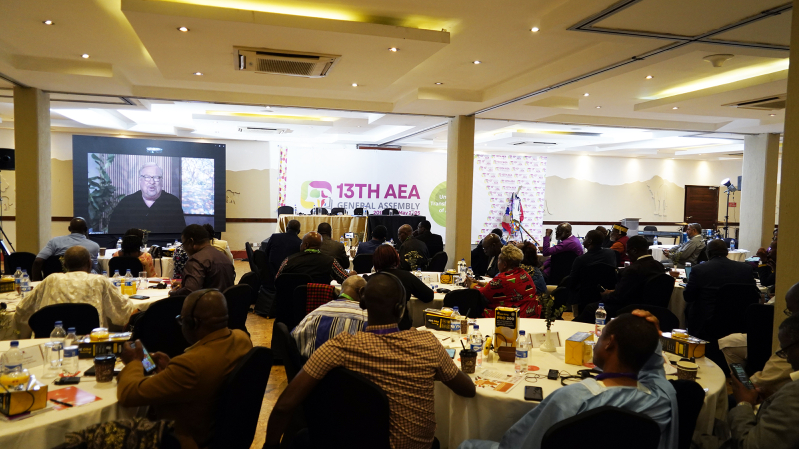 Rick Warren appears on screen via livestream as he addresses participants of the Association of Evangelicals in Africa General Assembly in Nairobi