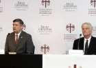 Will Graham (left), pictured with his father Franklin, speaking at the press conference for the  European Congress on Evangelism organized by the Billy Graham Evangelistic Association.