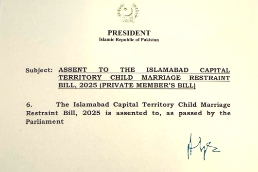 Notification by president of Pakistan enacting legislation against child marriages.
