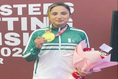Sybil Sohail proudly holds her gold medal after becoming the first Pakistani woman to win at the Asian Weightlifting Masters Championship in Doha, Qatar.