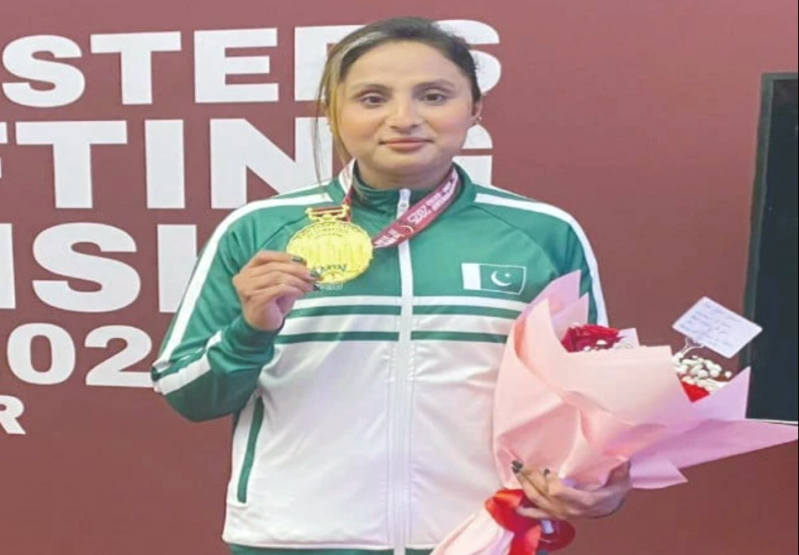 Sybil Sohail proudly holds her gold medal after becoming the first Pakistani woman to win at the Asian Weightlifting Masters Championship in Doha, Qatar.