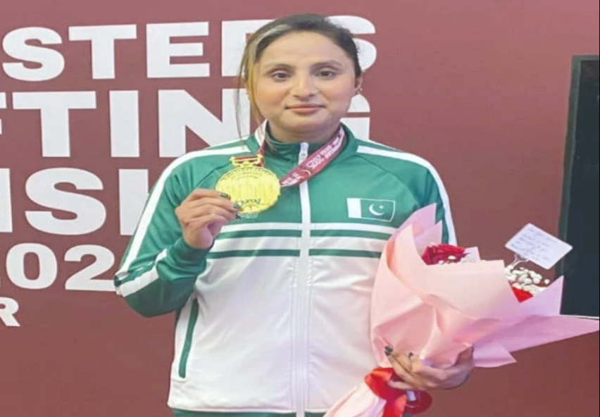 Sybil Sohail proudly holds her gold medal after becoming the first Pakistani woman to win at the Asian Weightlifting Masters Championship in Doha, Qatar.