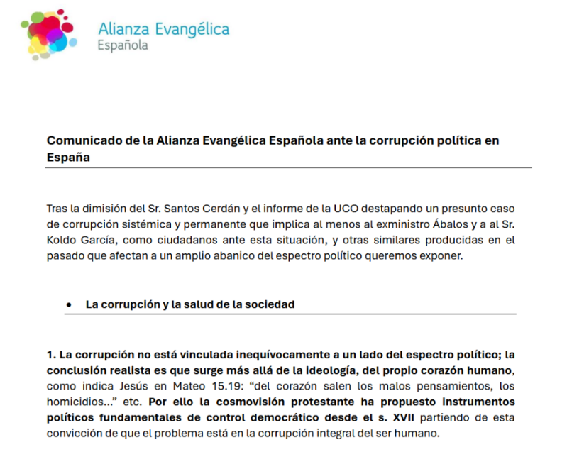 The statement of the Spanish Evangelical Alliance on corruption, 19 June 2025.