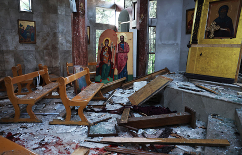 DAMASCUS, SYRIA - JUNE 22: Destruction is seen inside the Mar Elias Church following a blast on June 22, 2025 in Damascus, Syria. A suspected suicide bombing has killed at least 20 people and injured 53 others who were attending a service at the Mar Elias