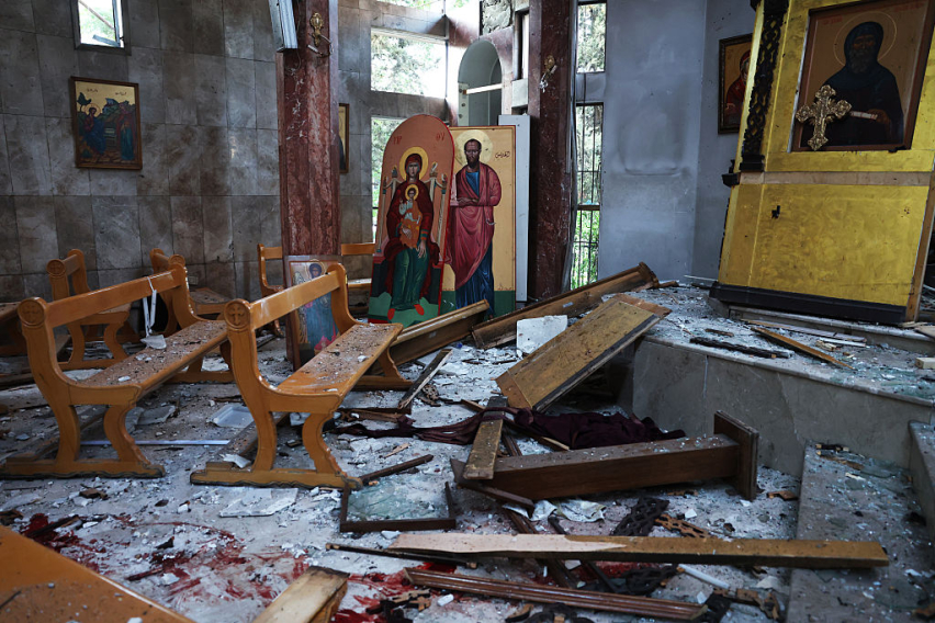DAMASCUS, SYRIA - JUNE 22: Destruction is seen inside the Mar Elias Church following a blast on June 22, 2025 in Damascus, Syria. A suspected suicide bombing has killed at least 20 people and injured 53 others who were attending a service at the Mar Elias