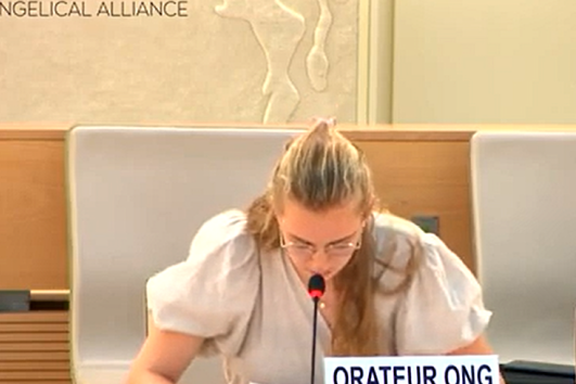 WEA representative Nadia van der Sar at Human Rights Council session in Geneva, Switzerland.