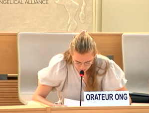 WEA representative Nadia van der Sar at Human Rights Council session in Geneva, Switzerland.