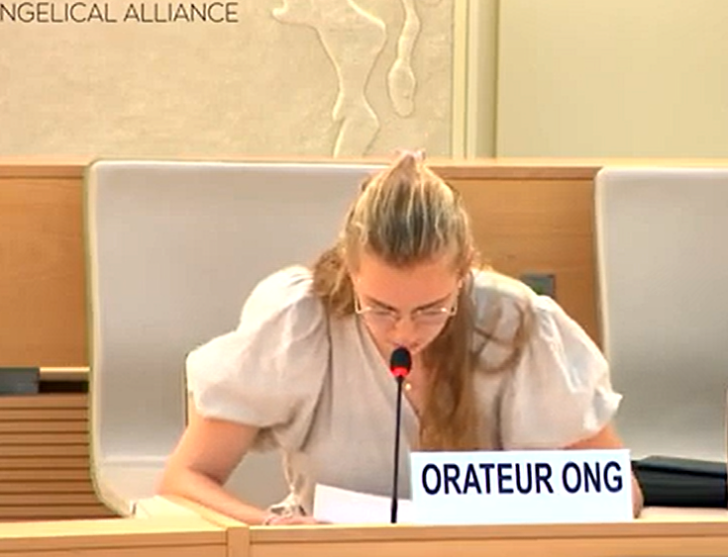 WEA representative Nadia van der Sar at Human Rights Council session in Geneva, Switzerland.