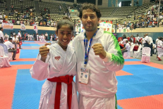 Pakistani karateka Aiyana Noel Arthur poses with her gold medal after winning the under-12, over-40 kg Kumite category at the 2025 South Asian Karate Championship in Colombo, Sri Lanka.