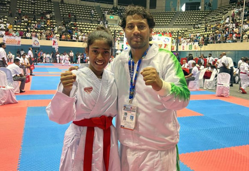 Pakistani karateka Aiyana Noel Arthur poses with her gold medal after winning the under-12, over-40 kg Kumite category at the 2025 South Asian Karate Championship in Colombo, Sri Lanka.