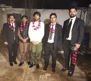 Sahil Shahid and Raheel Shahid (in white shirt) after acquittal of blasphemy charges on Jan. 25, 2025.