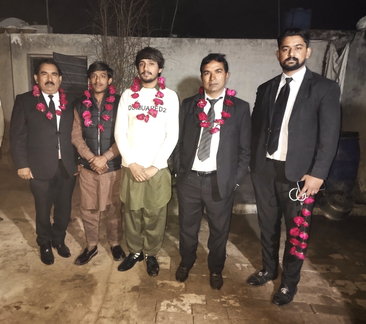 Sahil Shahid and Raheel Shahid (in white shirt) after acquittal of blasphemy charges on Jan. 25, 2025.