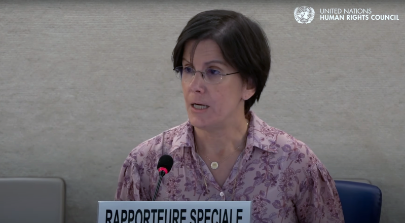 UN Special Rapporteur Reem Alsalem delivers her statement to the Human Rights Council, warning that erasing sex-based language undermines protections for women and girls.
