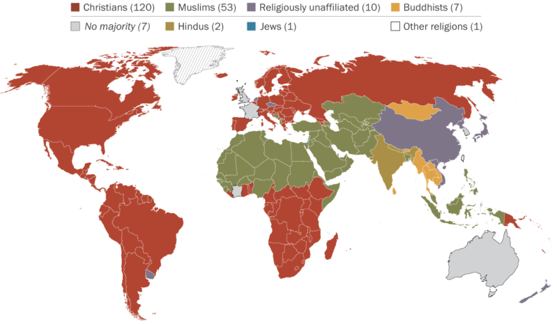Map of countries according to religious affiliation, Pew Center