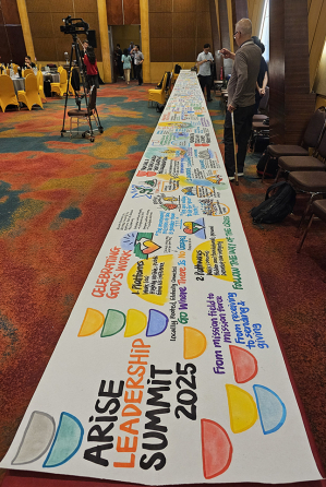 The completed visual scroll by Singaporean scribe Wendy showcases key themes, stories, and messages from the four-day Arise Leadership Summit 2025, offering a creative visual summary of the event’s intergenerational and missional focus.