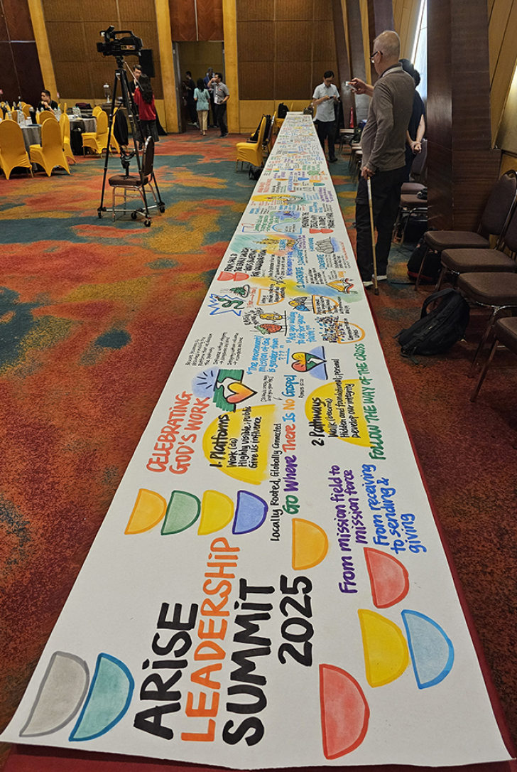 The completed visual scroll by Singaporean scribe Wendy showcases key themes, stories, and messages from the four-day Arise Leadership Summit 2025, offering a creative visual summary of the event’s intergenerational and missional focus.