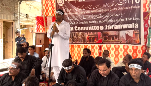 Rwadari Tehreek Chairman Samson Salamat addresses sit-in demonstration in Jaranwala marking two years since Aug 16, 2023 attacks on Christians in the area.