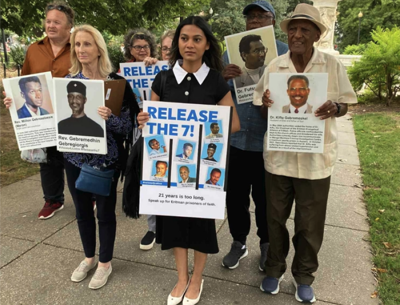 Religious freedom advocates protesting on behalf of detained Christian leaders in Eritrea walk to the Eritrean Embassy in Washington, D.C., Aug. 21, 2025.