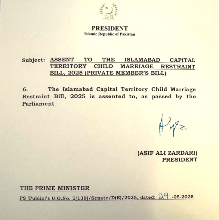 Notification by president of Pakistan enacting law against child marriages in the Islamabad Capital Territory.