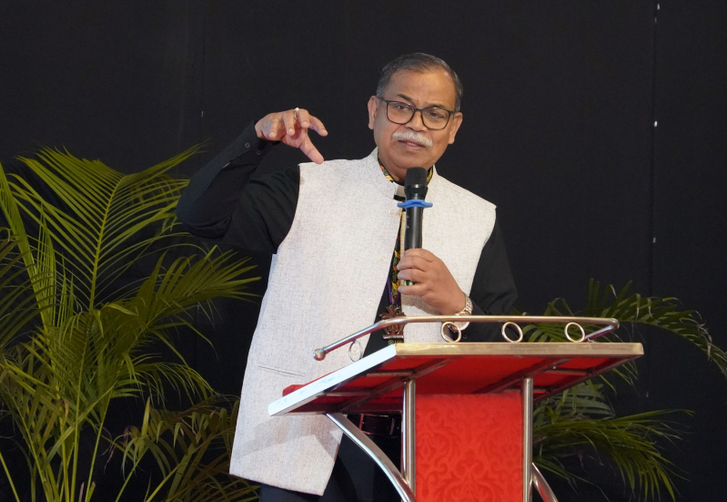Bishop P.K. Samantaroy of the Church of North India addresses delegates at AICOCIM in New Delhi on Sept. 16, 2025, urging the Church to “return to our first love” and embrace its calling as a missionary community.