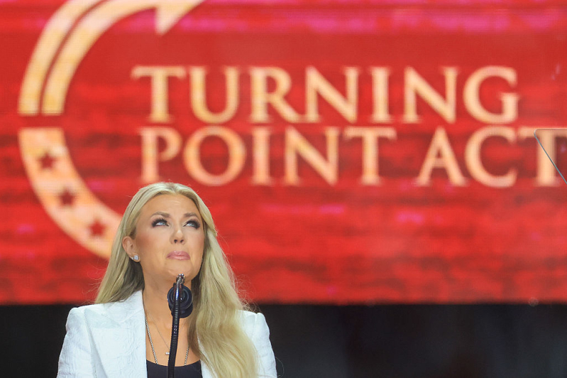 Mrs. Erika Kirk speaks during the memorial service for her husband, political activist Charlie Kirk at State Farm Stadium on September 21, 2025 in Glendale, Arizona.